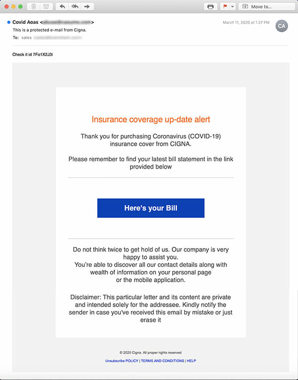 Example of covid insurance phishing scam