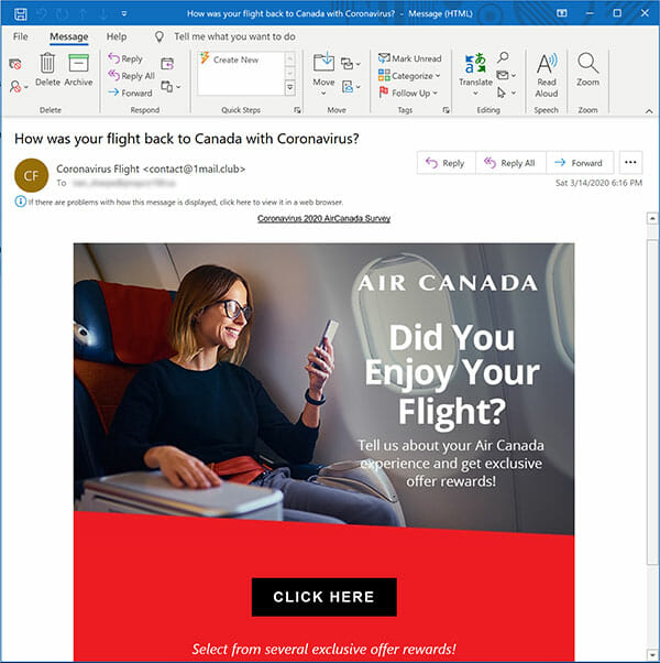 Example of covid travel phishing scam