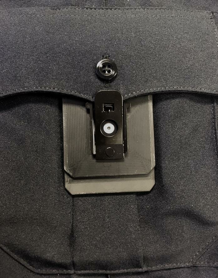 GVS BC-02 Pocket Mount slips into uniform shirt pocket with pin at the bottom to attach it to the uniform.