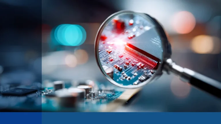 Magnifying glass zooming in on a circuit board