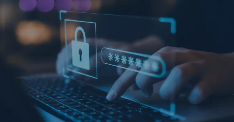 Image of an encrypted password and a lock to show password security.